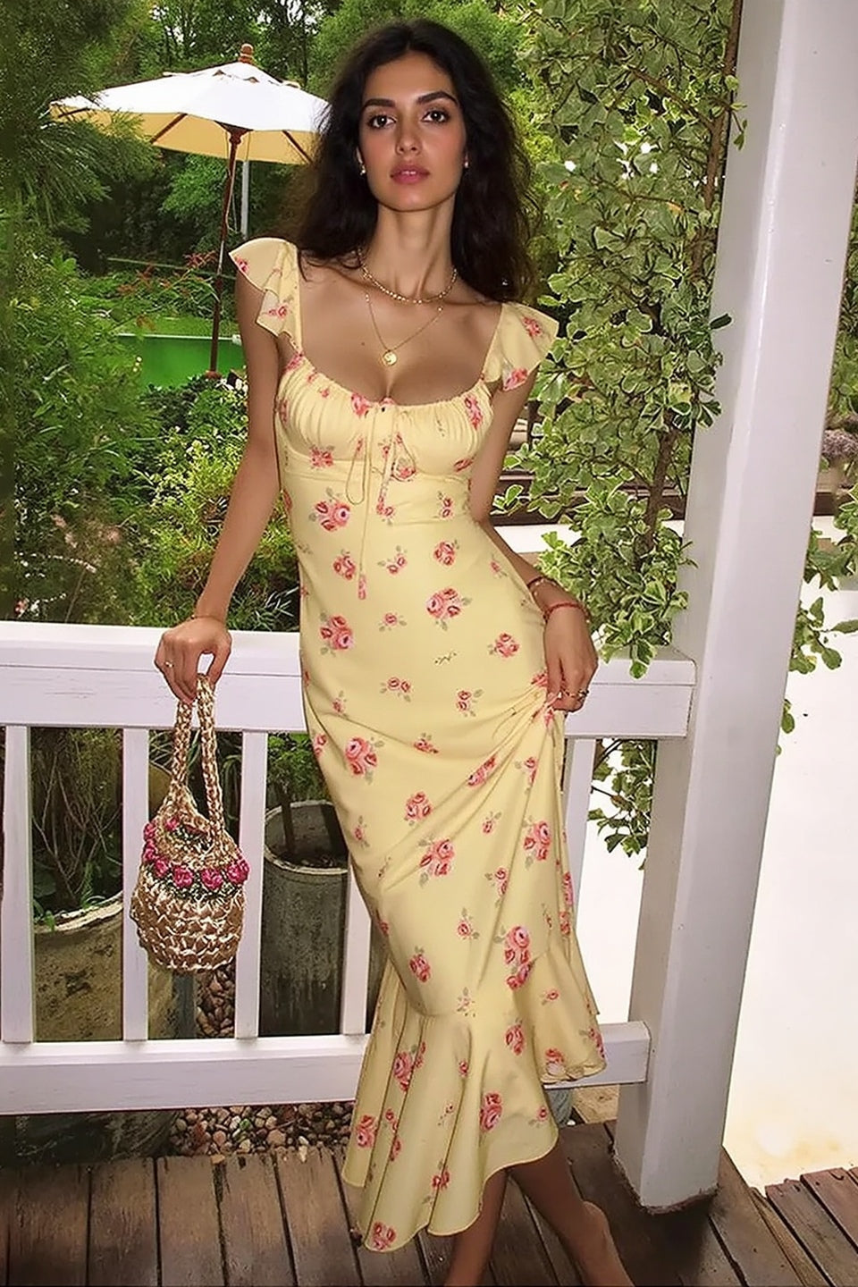 Flutter Sleeve Square Neck Floral Slip Dress