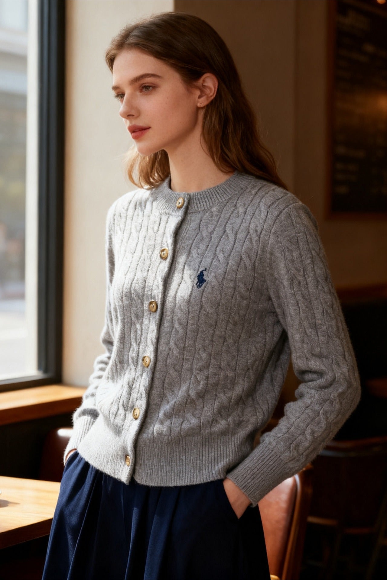 Wool Blend Embroidered Cable Cardigan