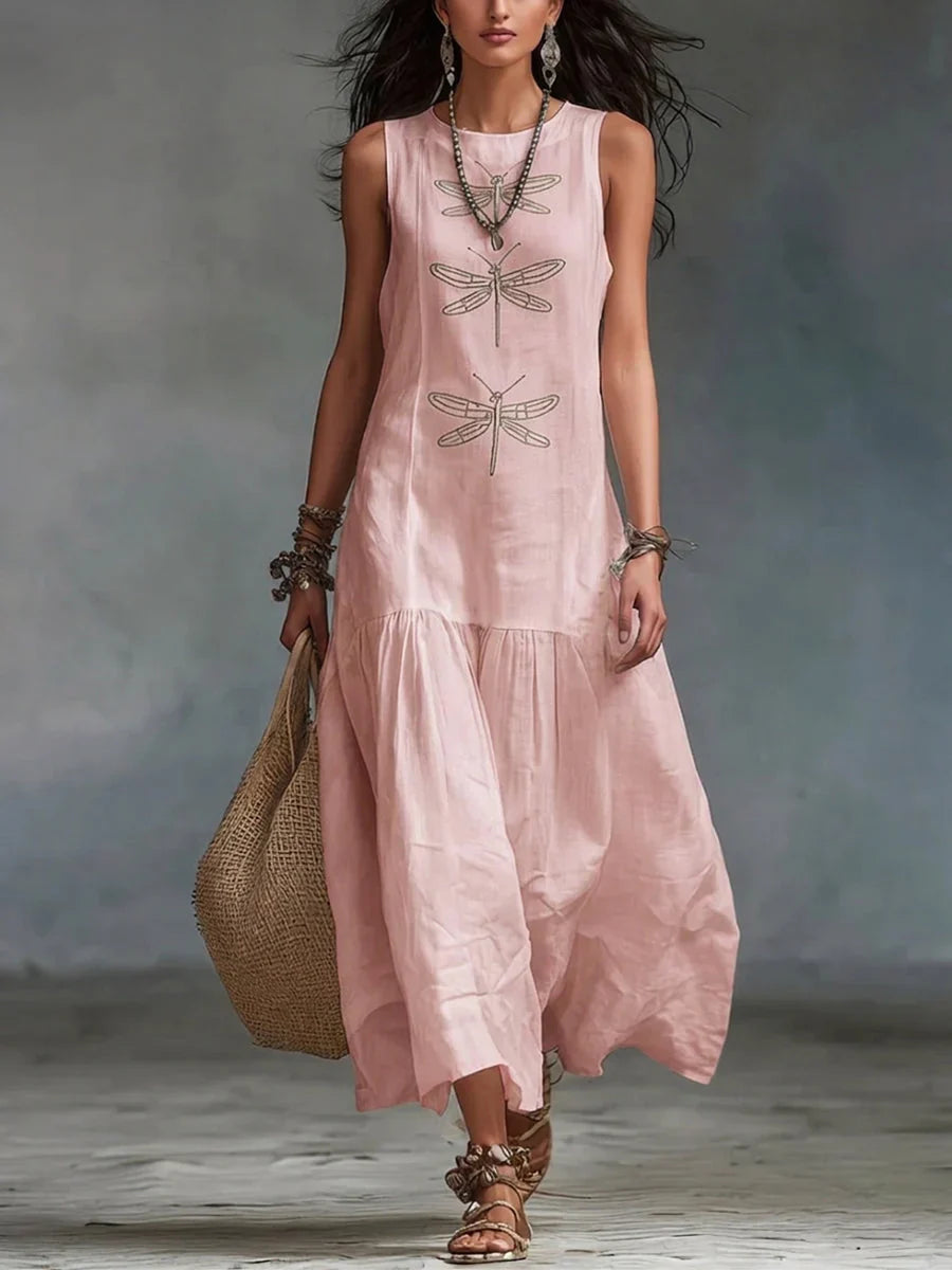 Dragonfly Print Crew Neck Sleeveless Tiered Maxi Dress
