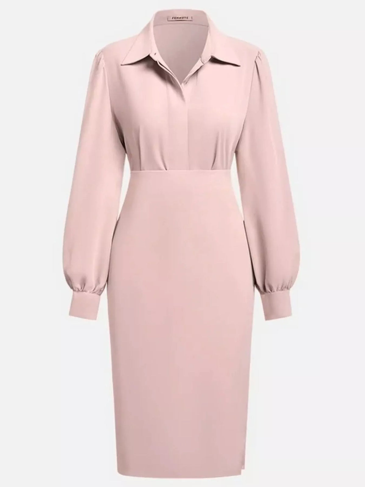 Collared V-Neck Puff Sleeve Ruched Side Slit Midi Shirt Dress 12
