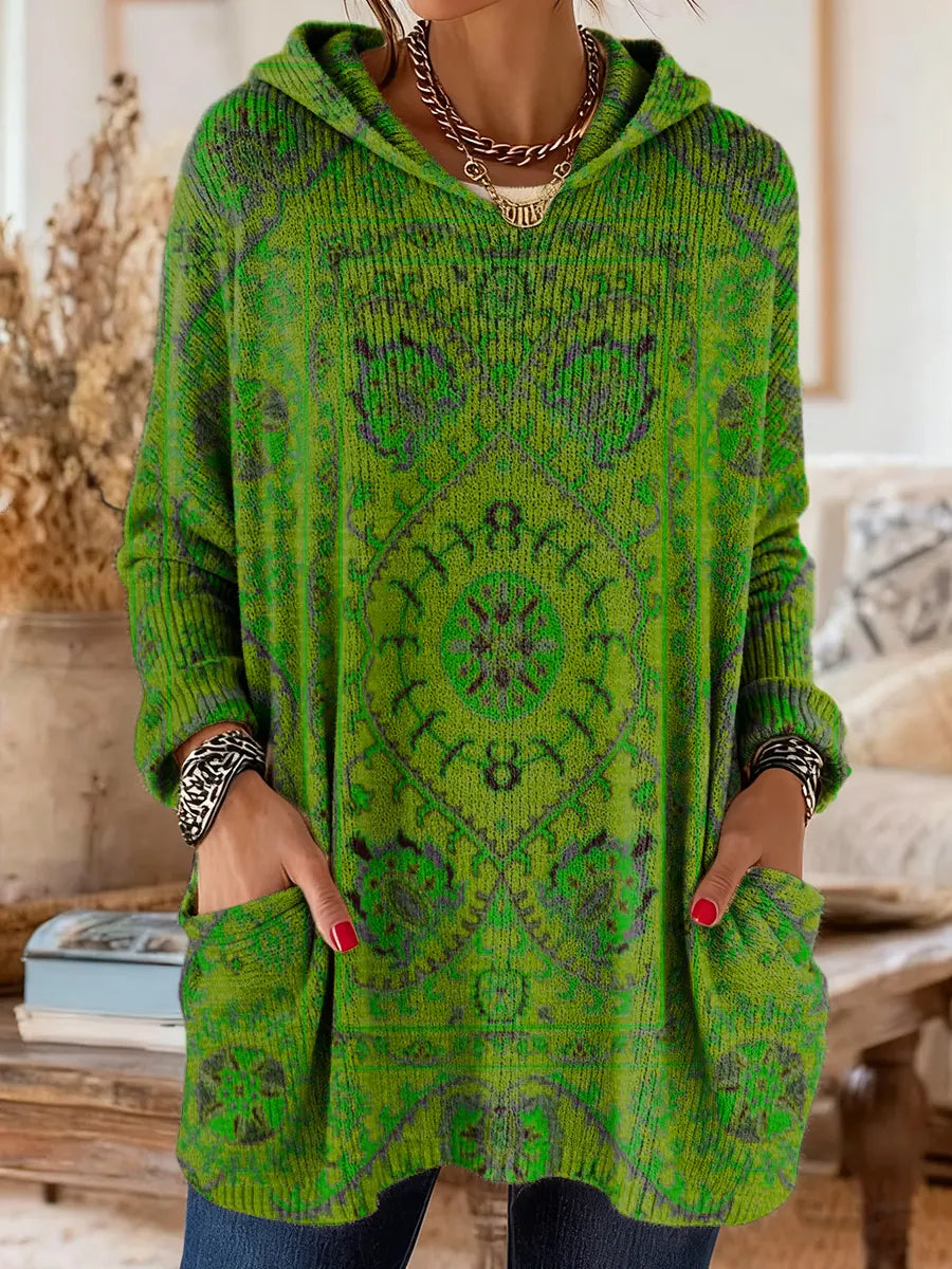 Medallion Print Hooded Oversized Tunic Sweater