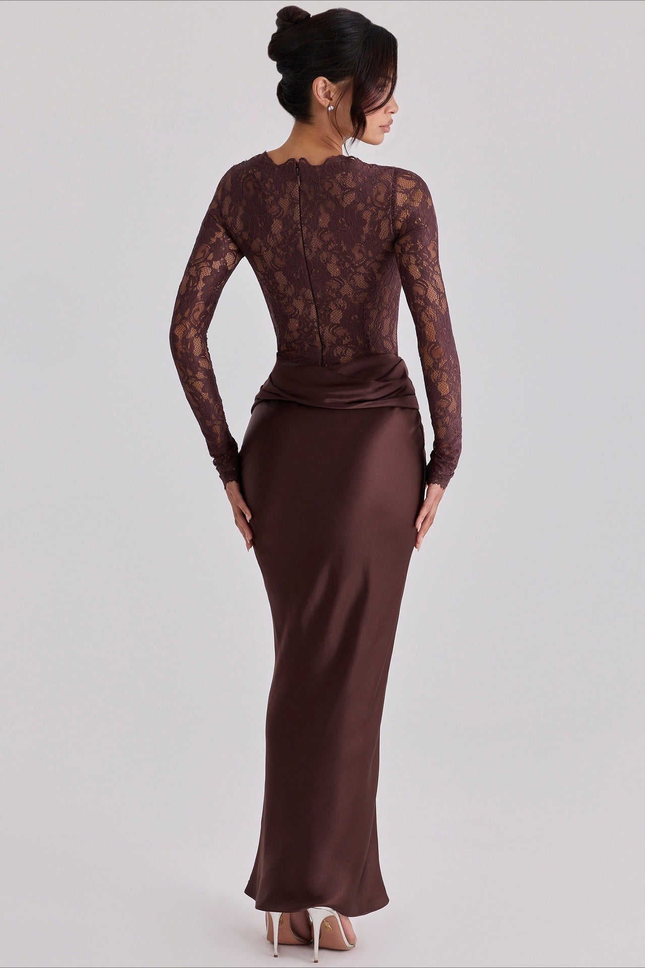 Lace Sheer Mesh Ruched Satin Maxi Dress