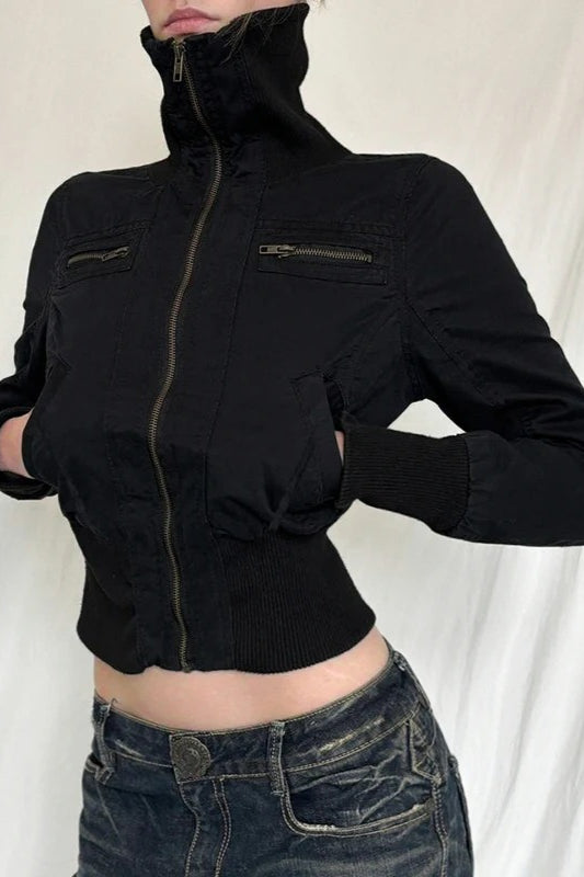 Casual Girdling Waist Black Jacket