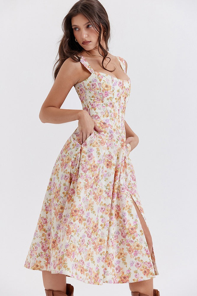 Floral Print Sweetheart Corset A-Line Midi Dress