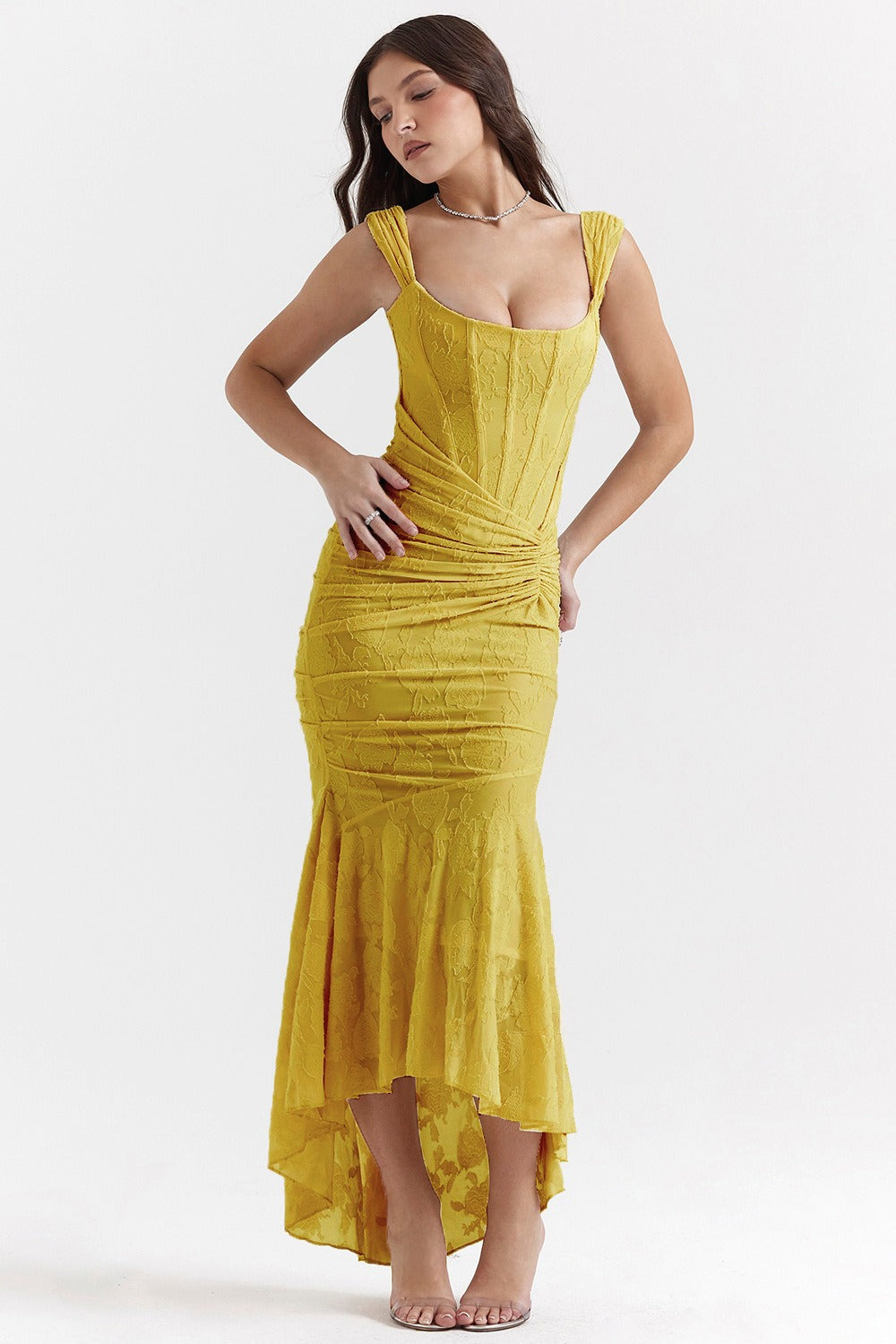Jacquard Square Neck Corset Ruched Mermaid Gown