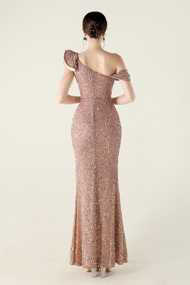 Sequin One Shoulder Ruffle High Split Mermaid Gown