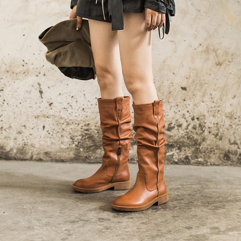 Waxing��Leather Knee High Boots Fold Design Riding Boots Black/Brown