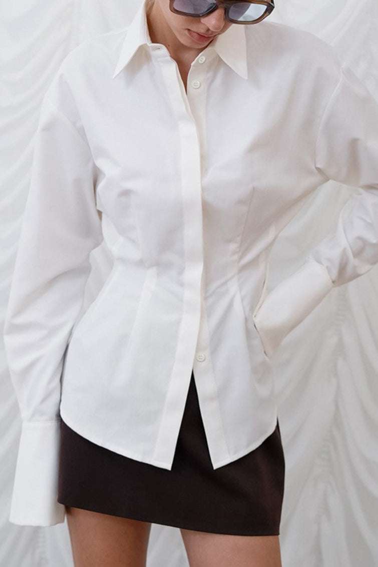 Collared Darted Waist Hidden Placket Wide Cuff Long Sleeve Shirt