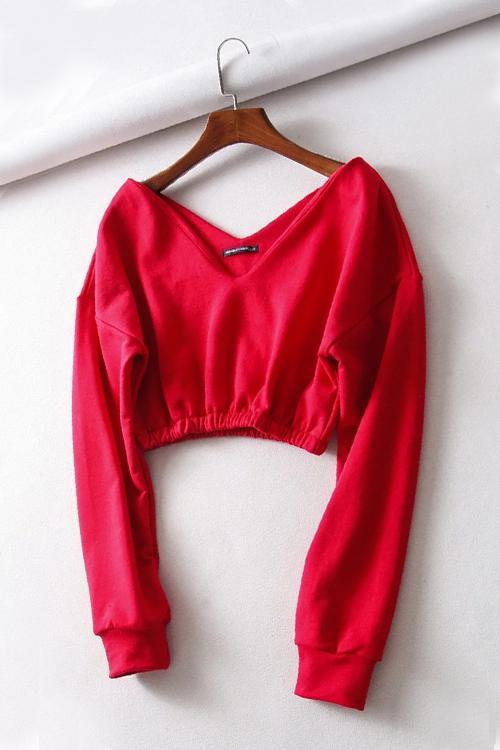 V Neck Long Sleeve Crop Top