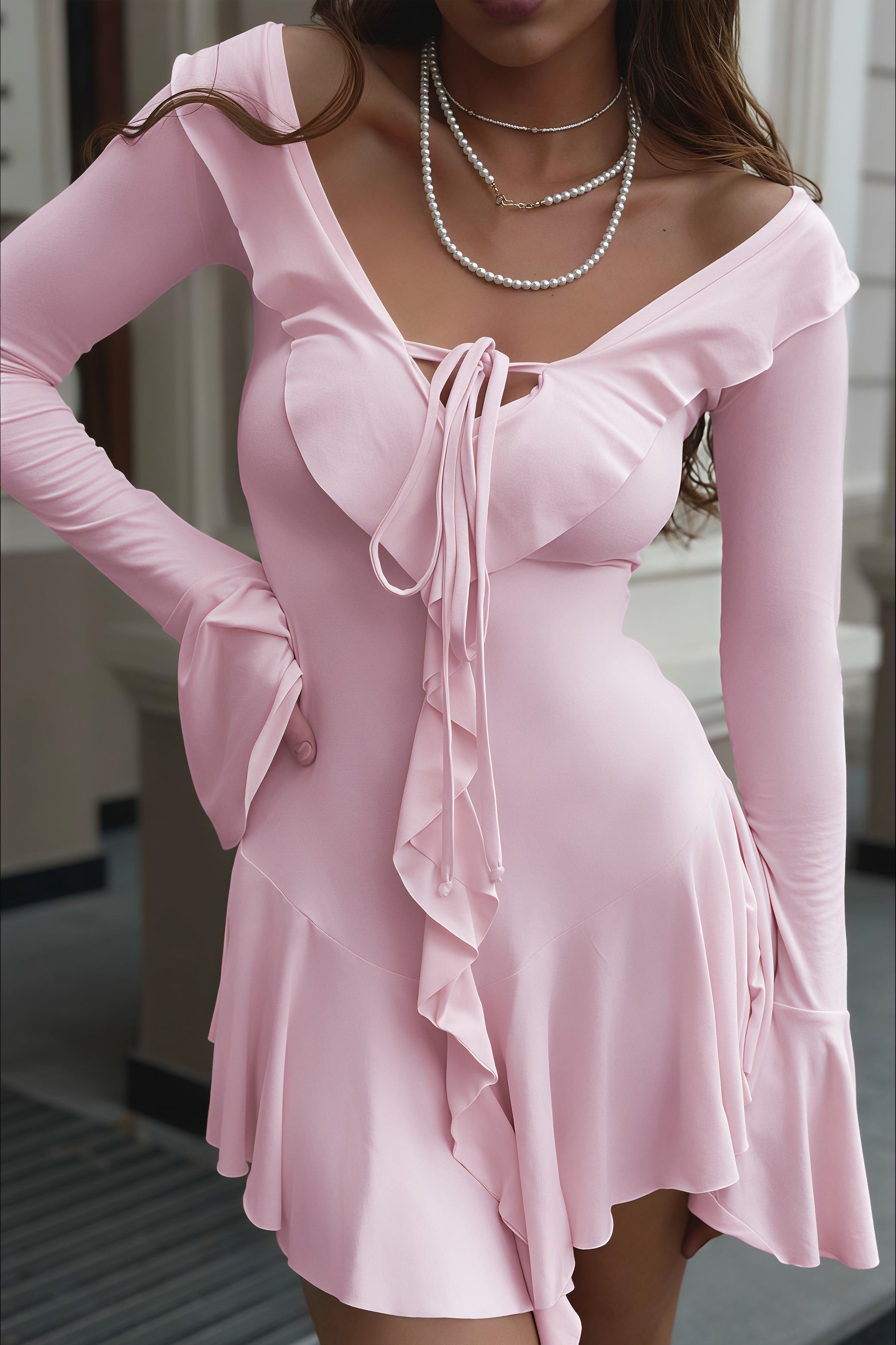 Fresh Plunging Neckline Bell Sleeve Ruffle Lace-up Mini Dress - View 4