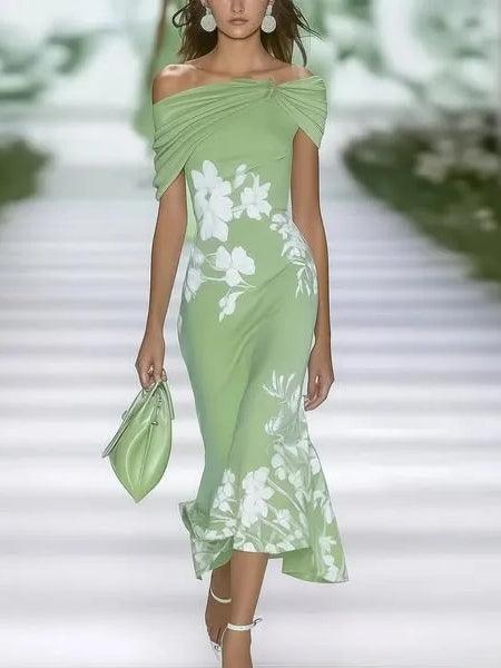 Spring Summer Floral Printed Elegant Dresses Green