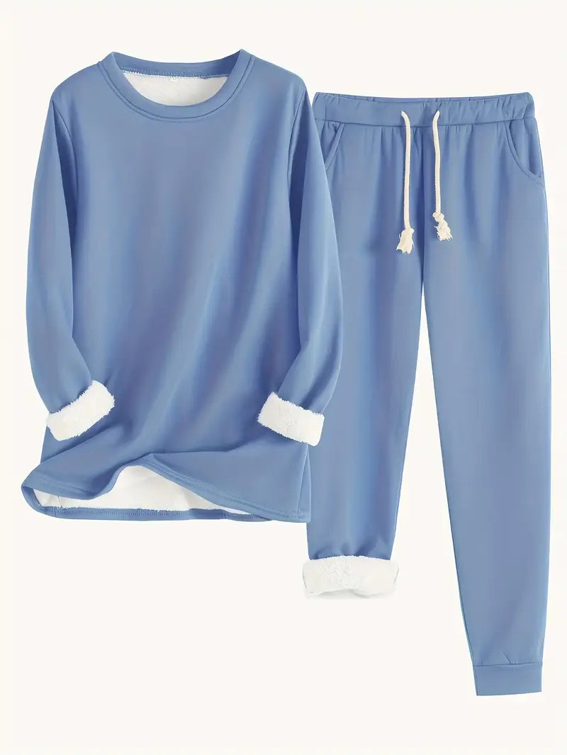 Fleece Lined Crew Neck Top and Jogger Pants Two Piece Set