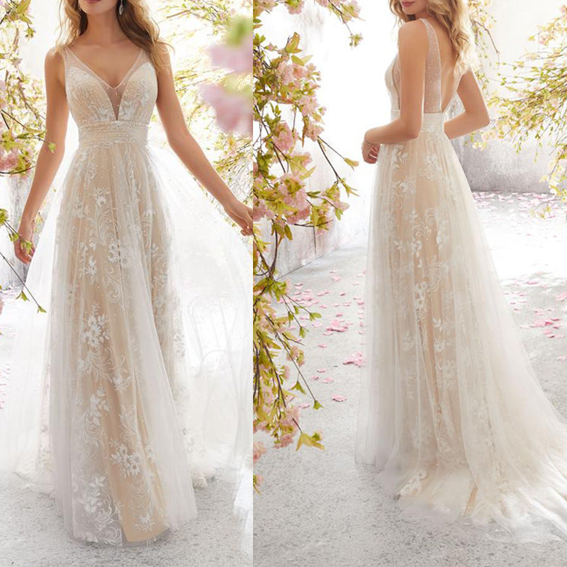 Lace Floral Deep V-Neck Sleeveless Beaded Waist Cape Train A-Line Wedding Gown