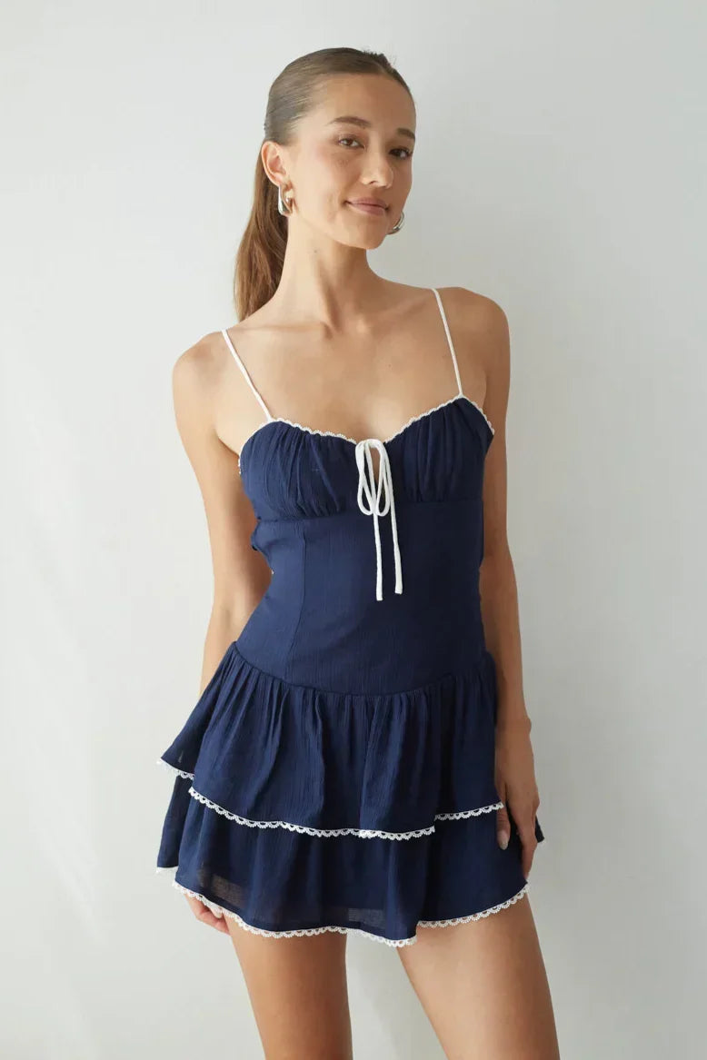 Ruched Bust Tie Front Lace Trim Cami Strap Mini Dress 2