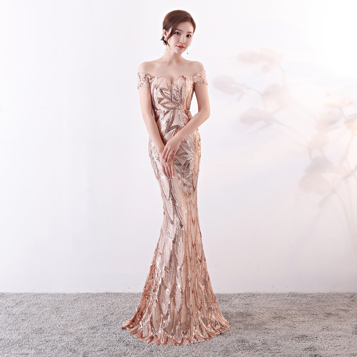 Sequin Off Shoulder Sweetheart Neck Mermaid Evening Gown