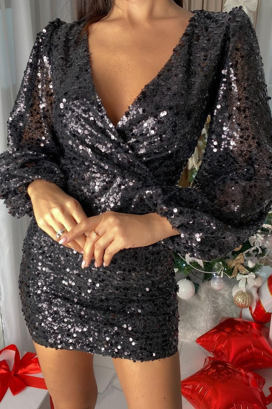 Sequin Deep V-Neck Bishop Sleeve Ruched Bodycon Mini Dress