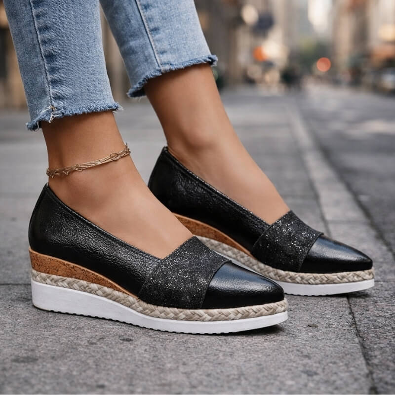 Glitter Cap Toe Slip On Espadrille Wedge Flats