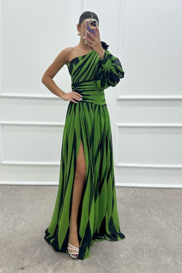 One Shoulder Puff Sleeve Ruched Waist Pleated High Split Maxi Gown