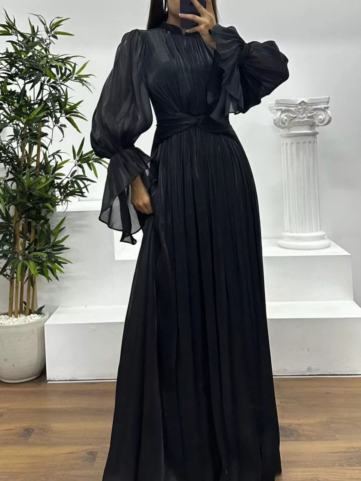 Pleated Satin Mock Neck Flared Bell Sleeve Twist Waist Maxi Gown 20
