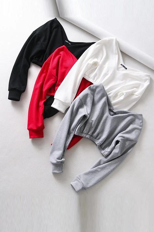 V Neck Long Sleeve Crop Top