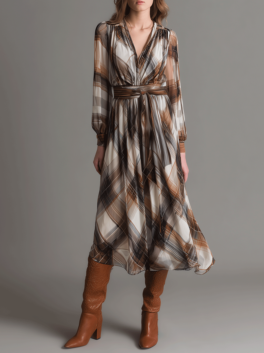 Elegant V-Neck Neutral Check Midi Dress