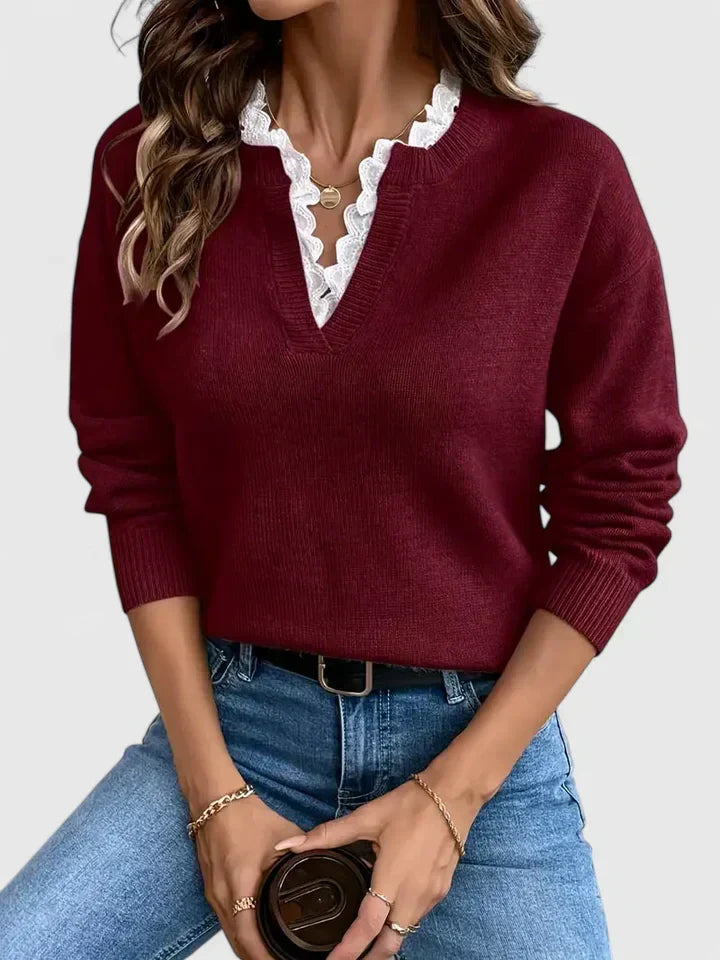Lace Trim V-Neck Long Sleeve Knit Sweater