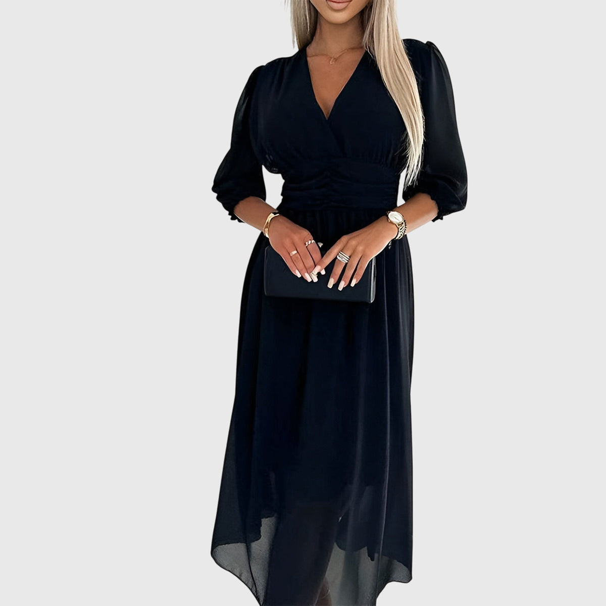 V-Neck Balloon Sleeve Ruched Waist Chiffon Midi Dress