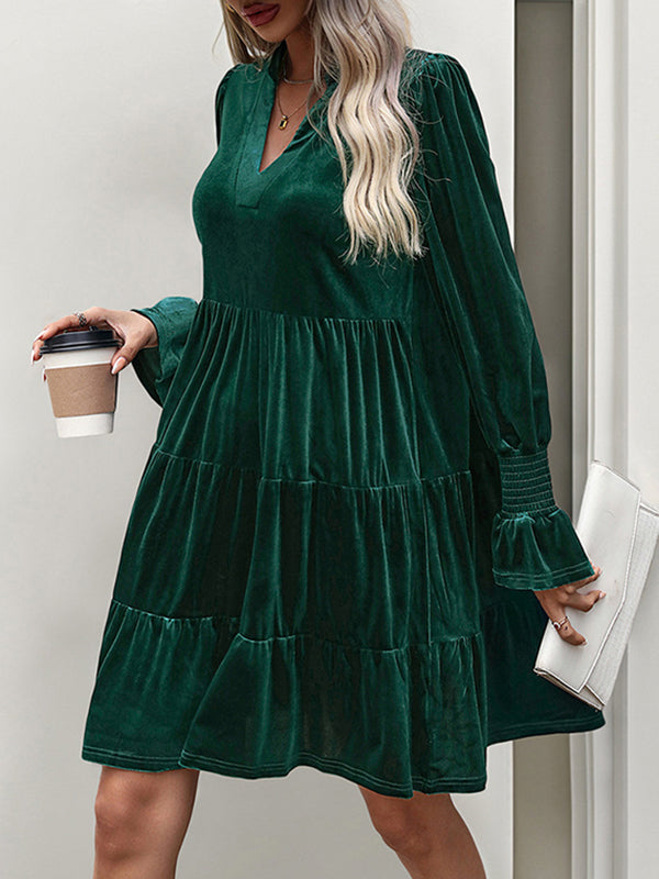Velvet V-Neck Long Sleeve Tiered Mini Dress 12