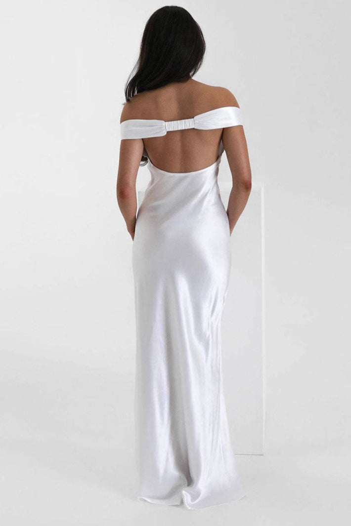 Satin Off Shoulder Sweetheart Slip Maxi Dress