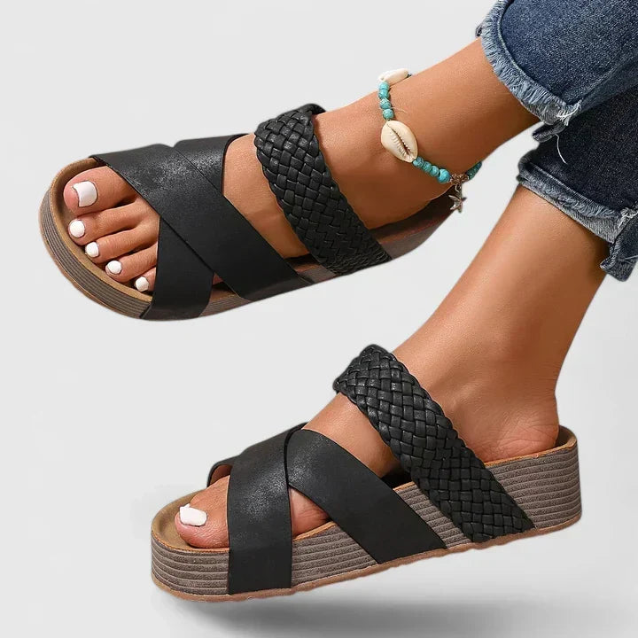 Open Toe Woven Cross Strap Platform Wedge Slides