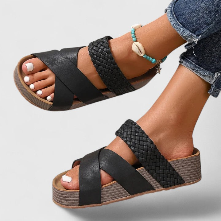 Cross Strap Woven Platform Slide Sandals