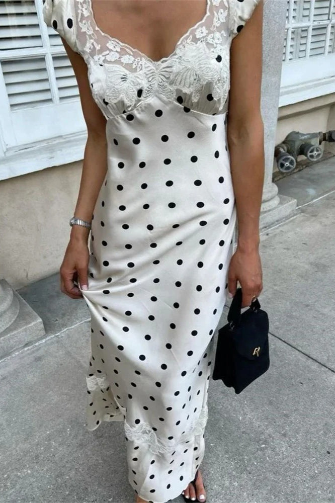 Lace Satin Polka Dot Maxi Dress - View 2