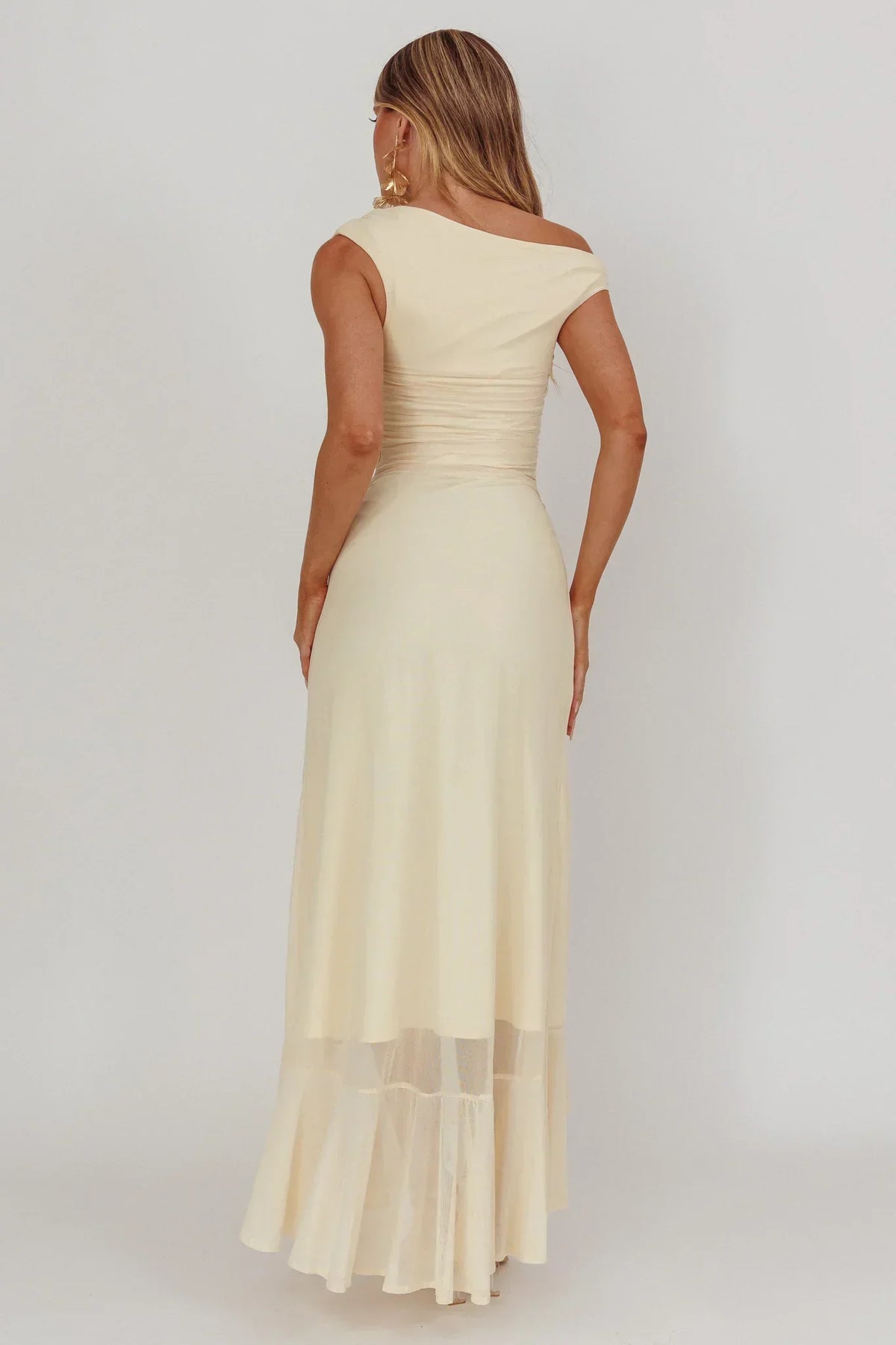 Asymmetric Off Shoulder Ruched Ruffle High Split Maxi Dress 2