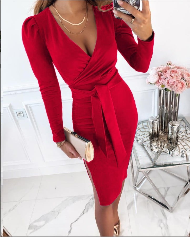 Eva | Stylish V-Neck Tie Straps Midi Dress Red