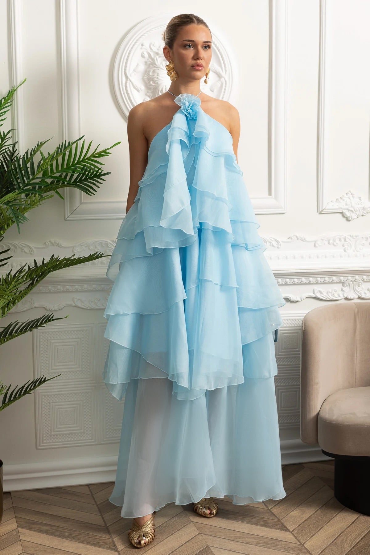 Halter Neck Rosette Tiered Ruffle Organza Trapeze Maxi Dress
