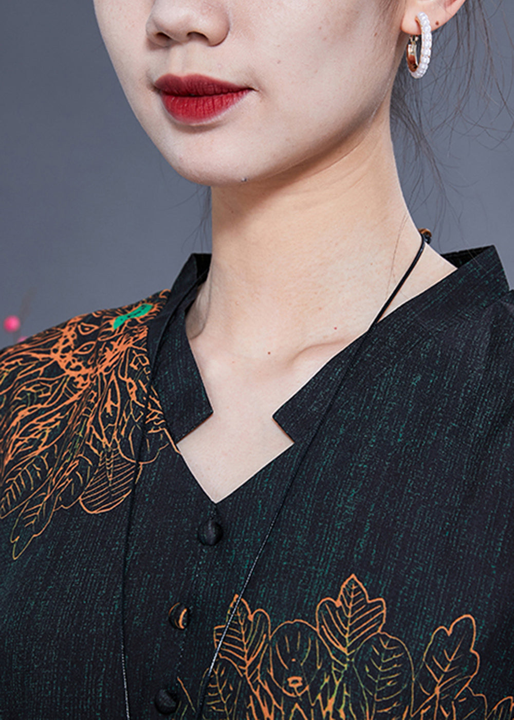 Floral Print Mandarin Collar V-Neck Short Sleeve Pocket A-Line Midi Dress