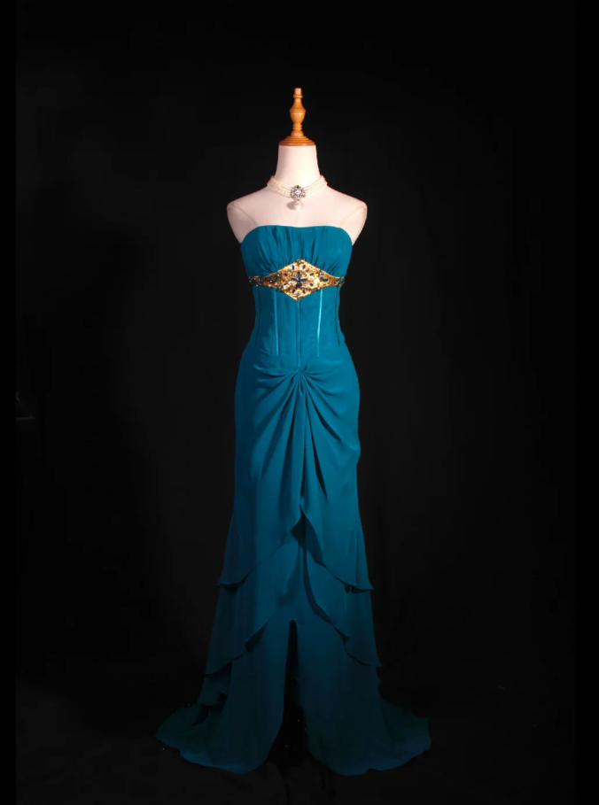 Elegant Blue-green Strapless Chiffon Layered Mermaid Long Evening Dress Formal Wedding Guest Dress With Beads