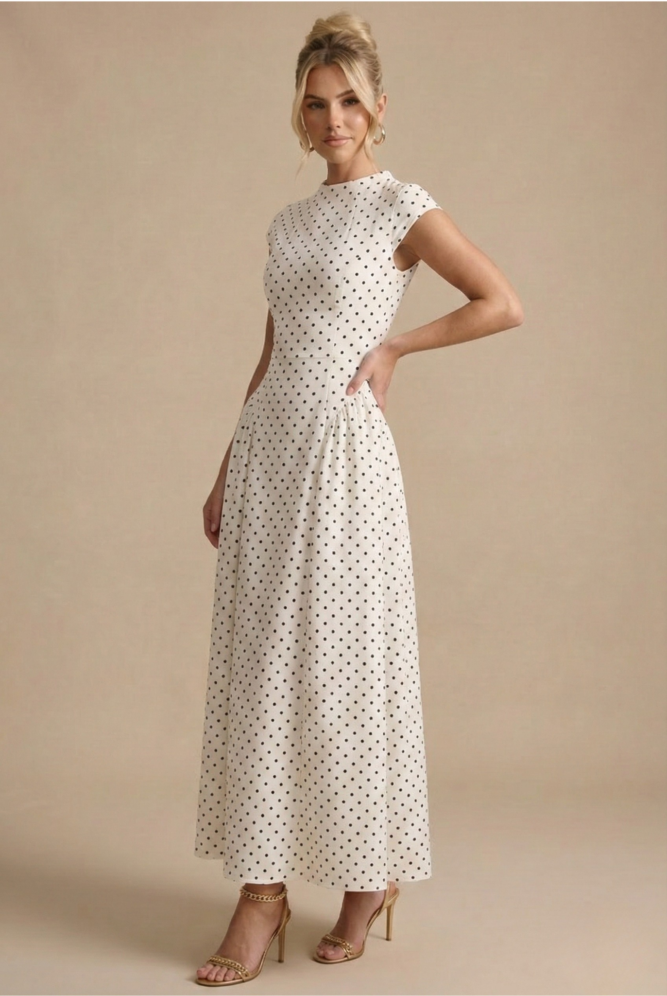 Polka Dot High Neck Cap Sleeve A-Line Maxi Dress 5