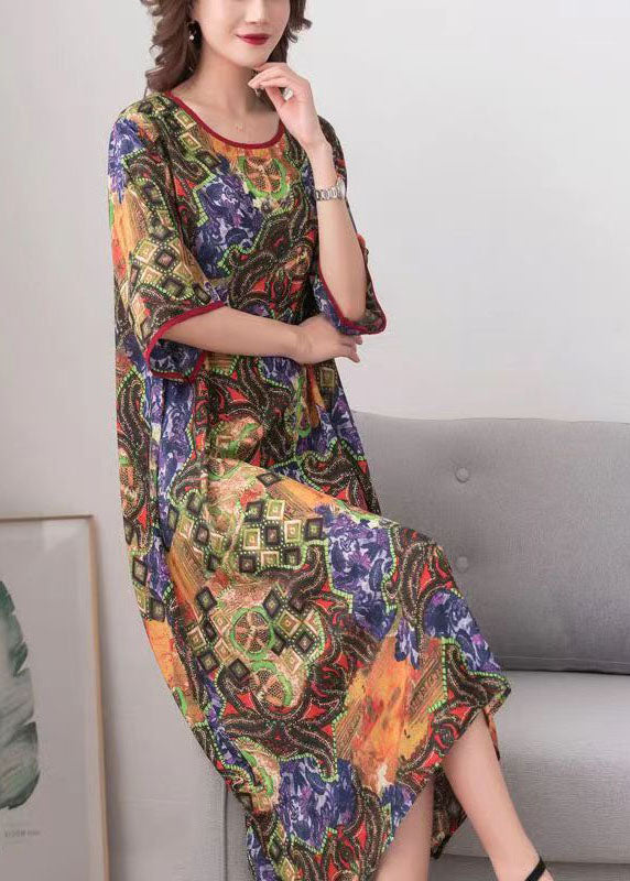 Mixed Print Crew Neck Kimono Sleeve Contrast Trim Shift Midi Dress