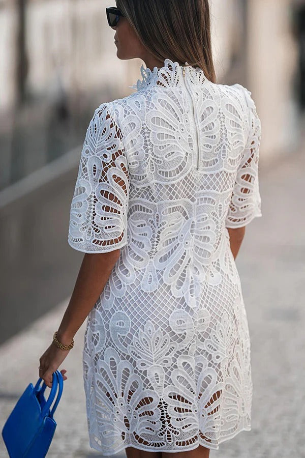 Crochet Lace High Neck Short Sleeve Shift Mini Dress
