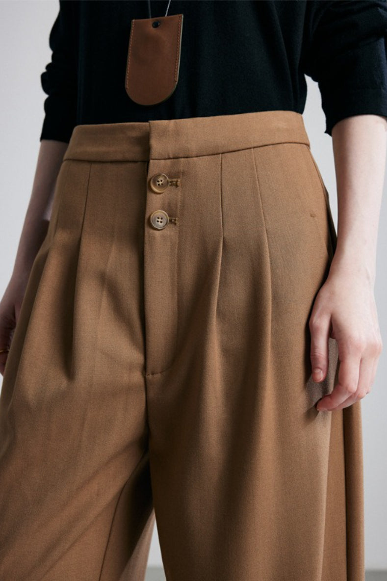 High Waist Pleated Button Fly Cropped Wide Leg Trousers 2
