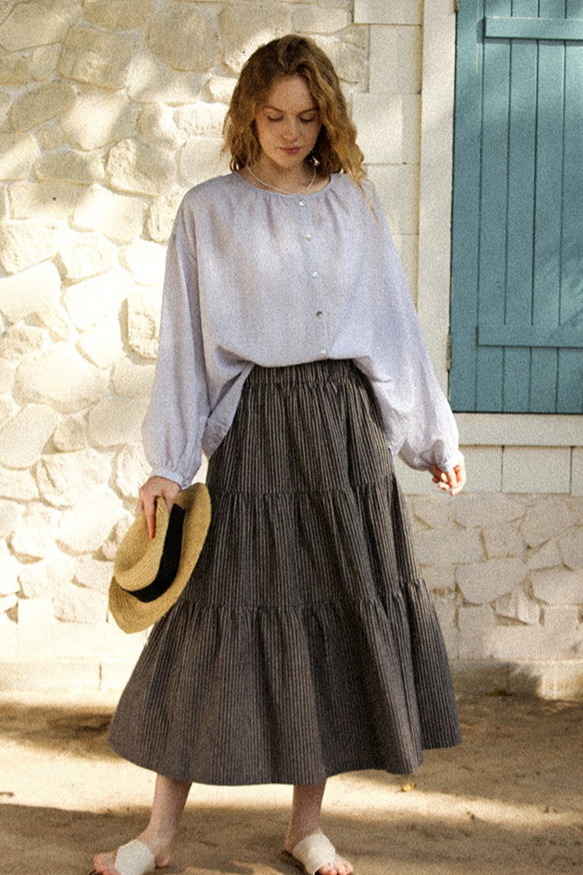 Round Neck Lantern Sleeve Button Front Loose Blouse 8
