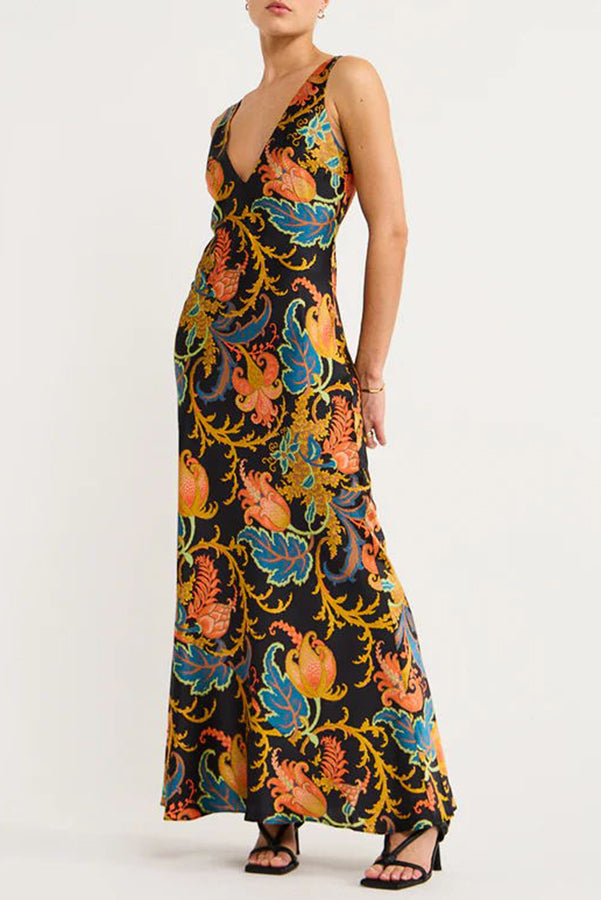 Forever Mine Satin Exclusive Botanical Print Slip Maxi Dress - View 5