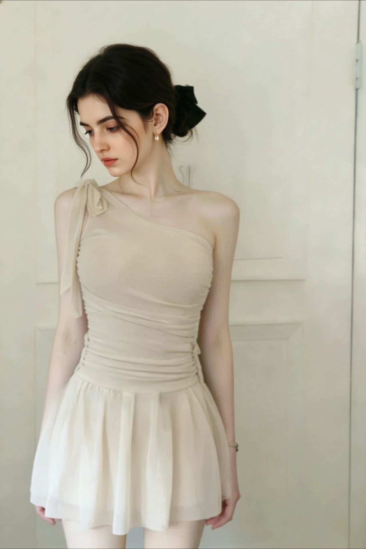 Romantic Solid Waist Cinch One Shoulder Bow One Piece Swimwear