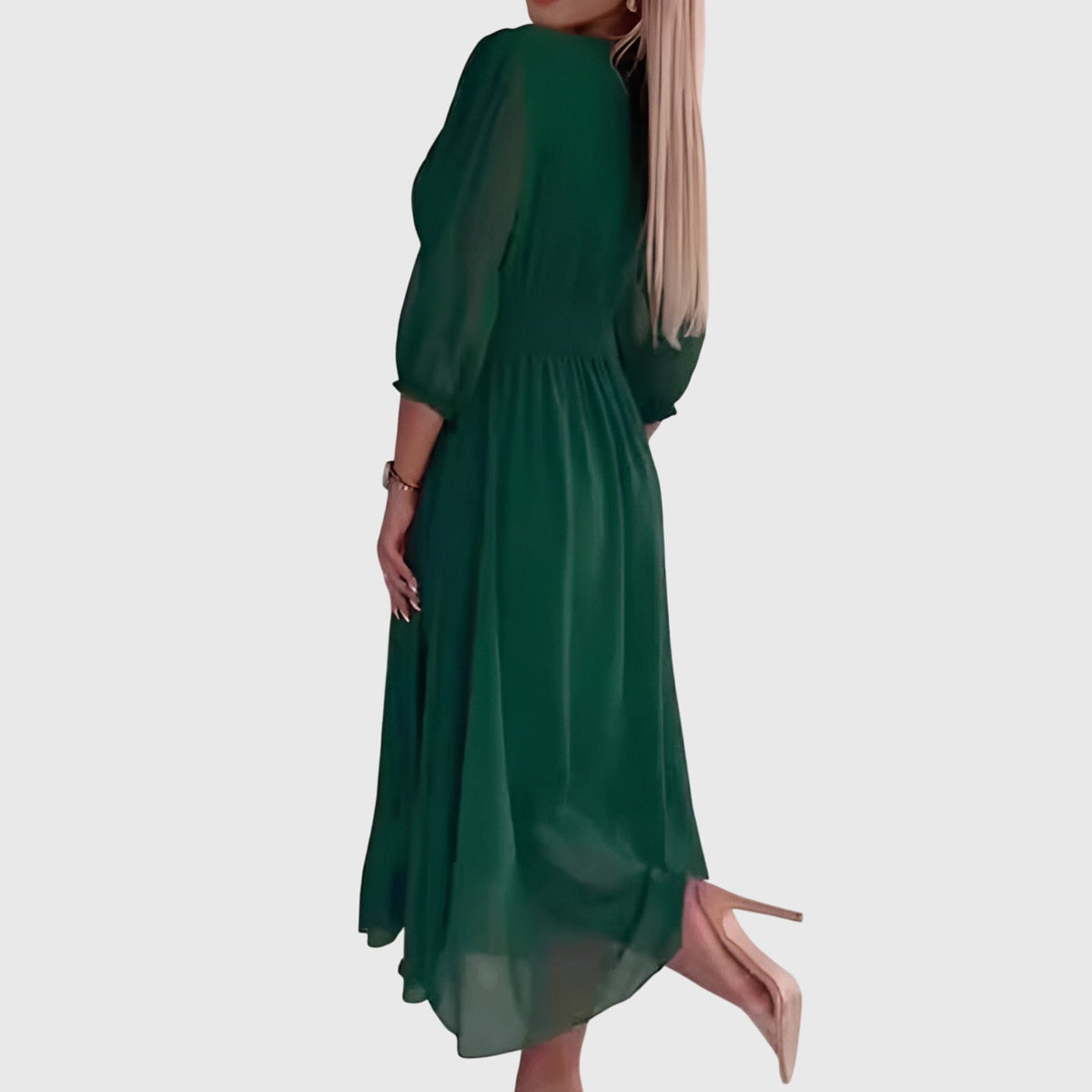 V-Neck Balloon Sleeve Ruched Waist Chiffon Midi Dress