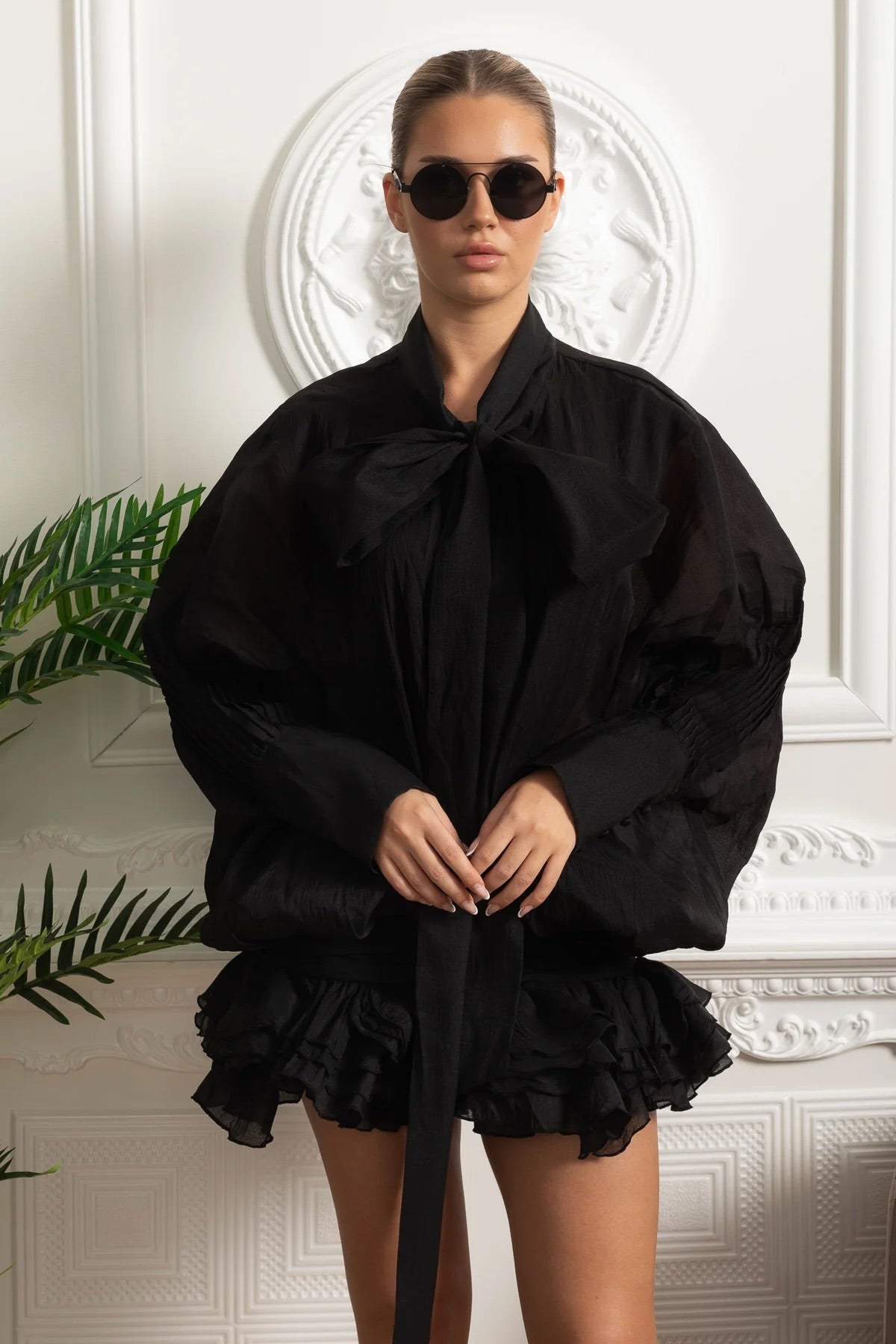 Sheer Bow Tie Neck Pleated Long Sleeve Oversized Ruffle Hem Mini Dress 3