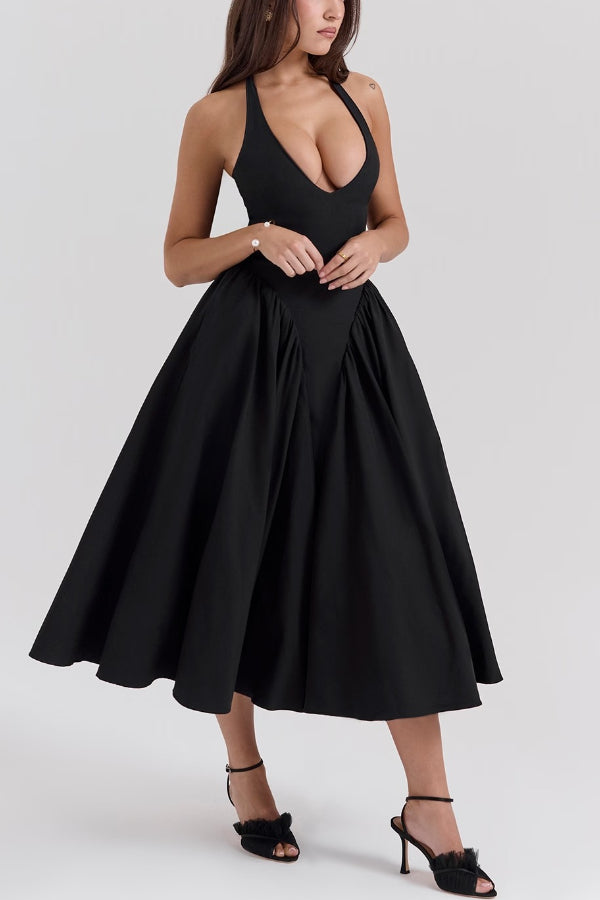 Timeless Lilly Solid a Line Halter Midi Dresses with Deep V Neck Boutique Dress Collection