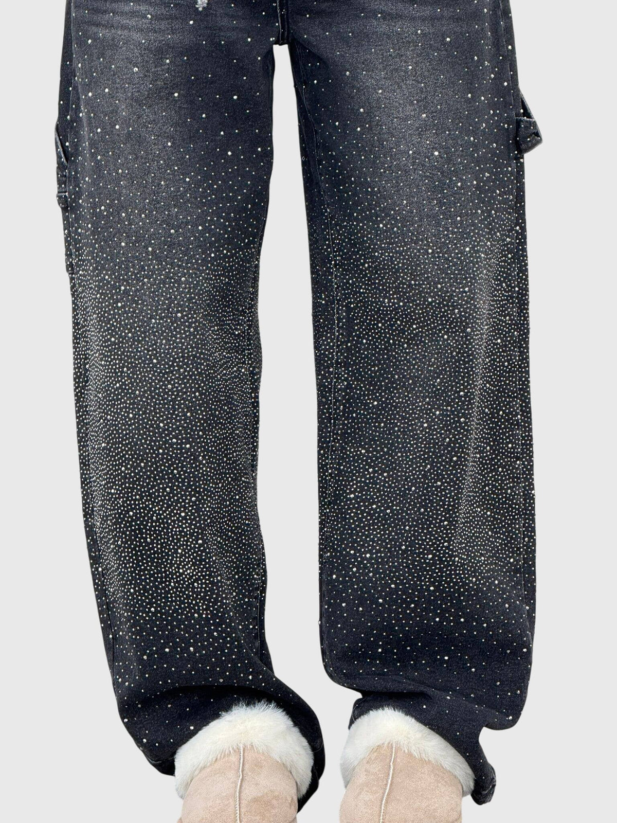 Rhinestone Embellished Wide Leg Cargo Jeans