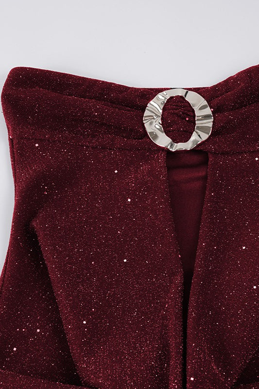 Strapless Glitter Knit Buckle Cut Out Front Bodycon Mini Dress 5