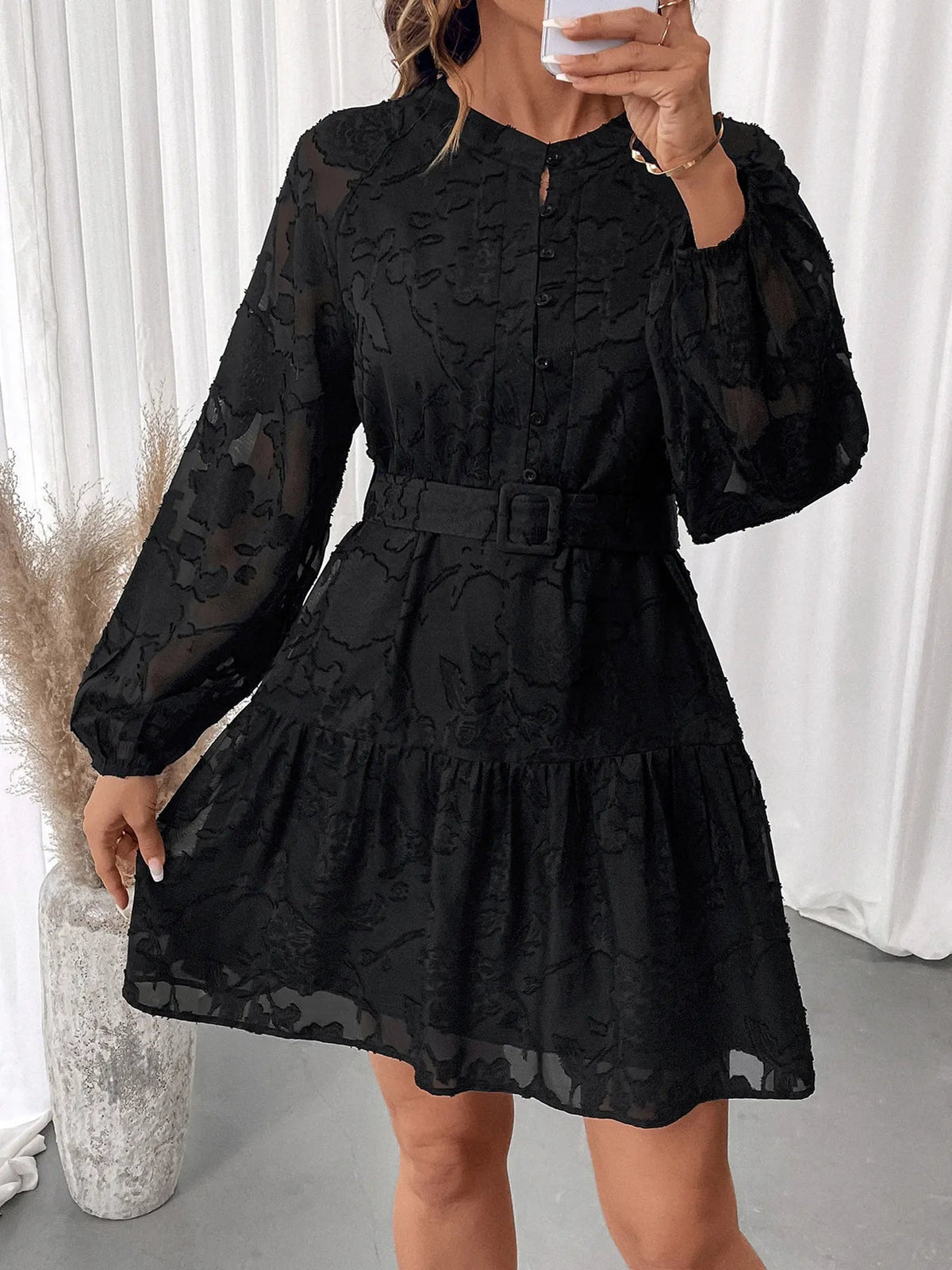 Textured Chiffon Button Front Balloon Sleeve Belted Tiered Mini Dress 4